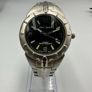 3/$30 Paul Jardin Watch Men Silver Black Dial Quartz Bracelet 37mm Case 8.25"
